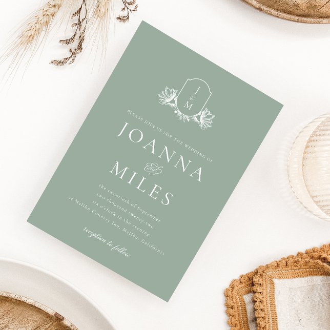 Botanical Crest Sage Green Monogram Invitation (Creator Uploaded)