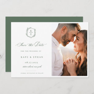 Botanical Crest Sage Monogram Wedding Photo Save The Date