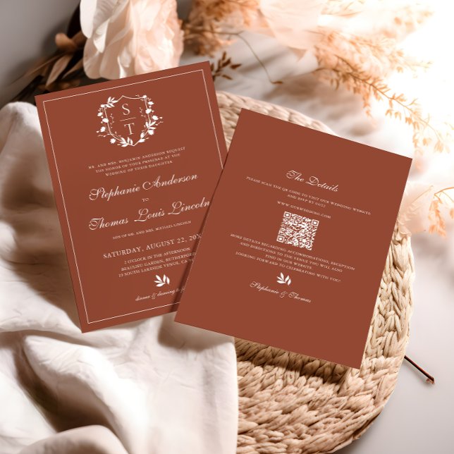 Botanical Crest Terracotta Wedding QR Code Invitation (Creator Uploaded)