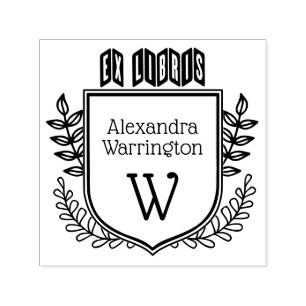 Botanical Crest Zigzag Ex Libris Book Name Initial Self-inking Stamp