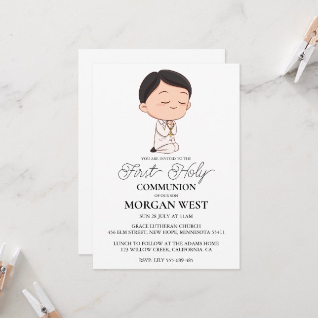 botanical cross boy first communion invitations (Front/Back In Situ)