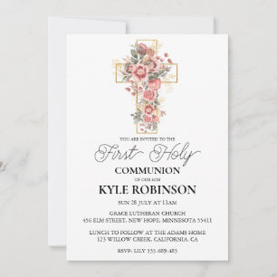 botanical cross first communion invitations