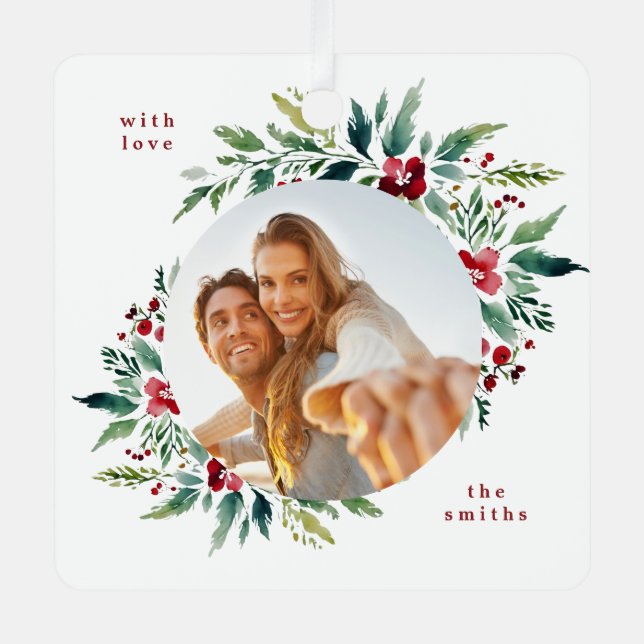 Botanical Custom Photo Floral Family Christmas Metal Tree Decoration (Front)
