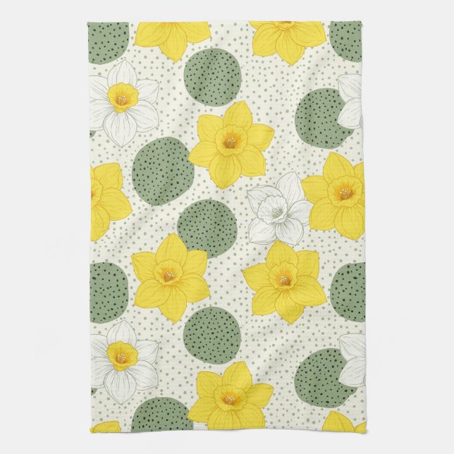 Botanical Daffodil Floral Geometric Pattern (1) Tea Towel (Vertical)