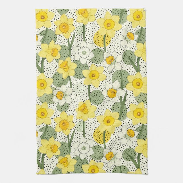 Botanical Daffodil Floral Geometric Pattern (3) Tea Towel (Vertical)