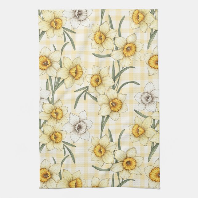 Botanical Daffodil Plaid Pattern (1) Tea Towel (Vertical)