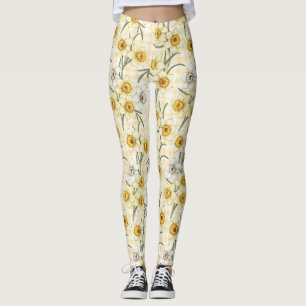 Botanical Daffodil Plaid Pattern Leggings