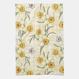 Botanical Daffodil Plaid Pattern Tea Towel