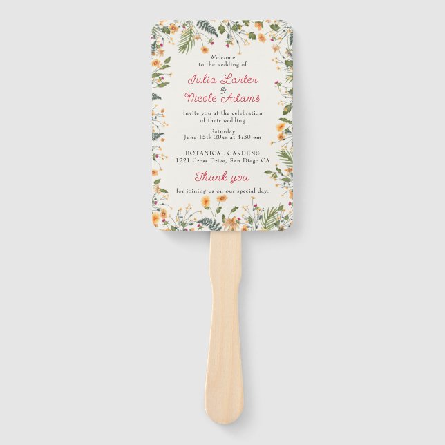 Botanical Daffodils Daisy Peony Flowers Wedding Hand Fan (Front)