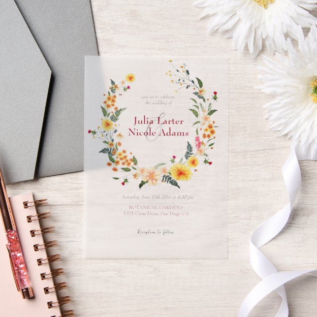 Botanical Daffodils Daisy Peony Flowers Wedding Vellum Invitations (Wedding)