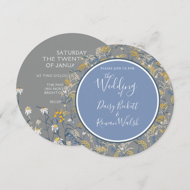 Botanical Daisy Floral Yellow & Navy Blue Wedding Invitation (Front/Back)