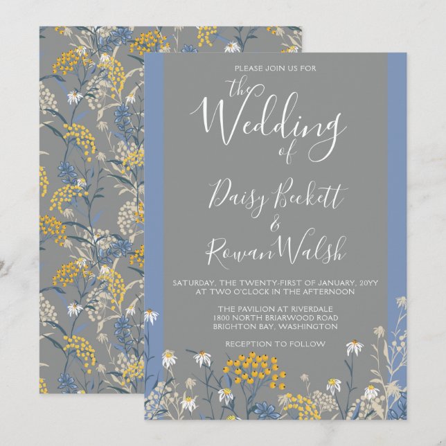 Botanical Daisy Floral Yellow & Navy Blue Wedding Invitation (Front/Back)