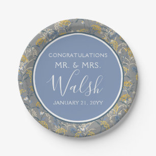 Botanical Daisy Floral Yellow & Navy Blue Wedding Paper Plate