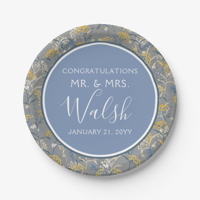 Botanical Daisy Floral Yellow & Navy Blue Wedding Paper Plate (Front)