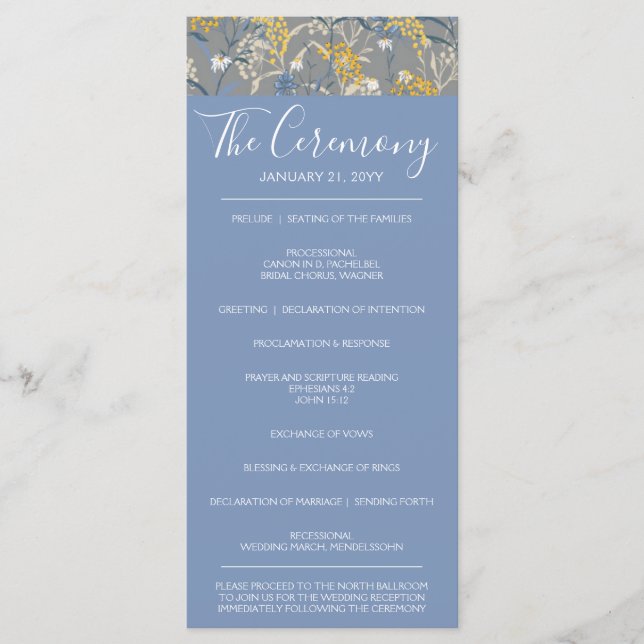 Botanical Daisy Floral Yellow & Navy Blue Wedding Programme (Front)