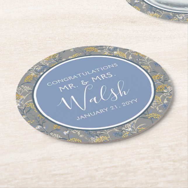 Botanical Daisy Floral Yellow & Navy Blue Wedding Round Paper Coaster (Angled)