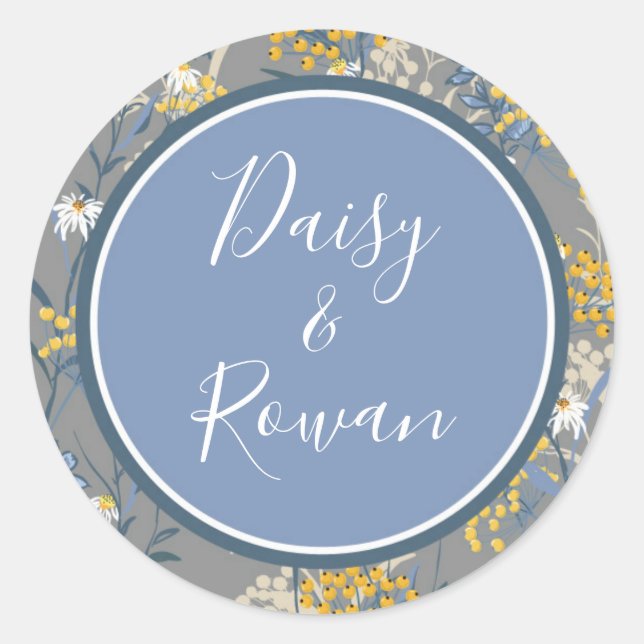 Botanical Daisy Floral Yellow & Navy Wedding Names Classic Round Sticker (Front)