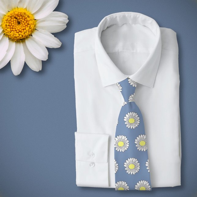Botanical Daisy Pastel Flower Blue Tie (Daisy Flower Blue Neck Tie)