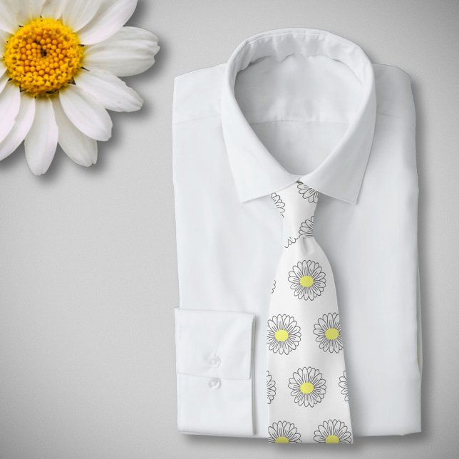Botanical Daisy Pastel Flower White Tie (Daisy Flower White Neck Tie)