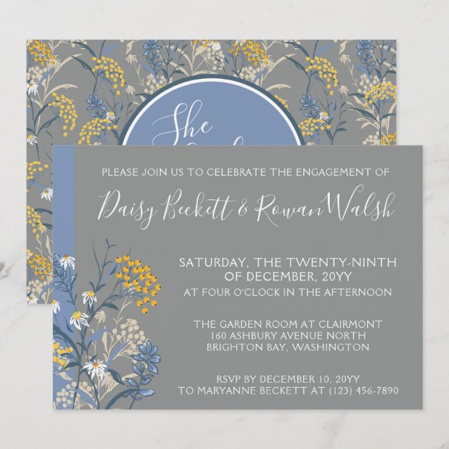 Botanical Daisy Yellow & Navy Engagement Party Invitation (Front/Back)
