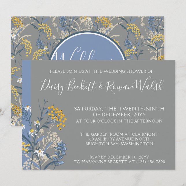 Botanical Daisy Yellow & Navy Wedding Shower Invitation (Front/Back)