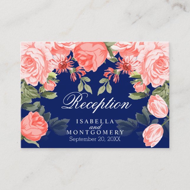Botanical Dark Blue and Coral Flower  - Reception Enclosure Card (Front)