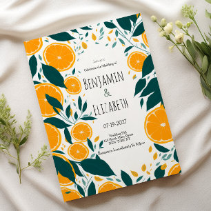 Botanical dark green citrus orange fruit Wedding Invitation