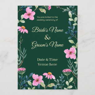 Botanical Dark Green & Pink Blossom Wedding Invite