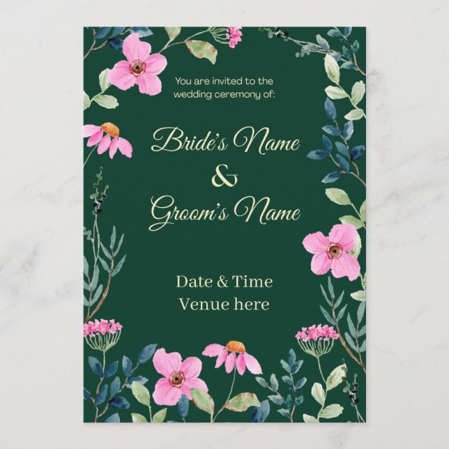 Botanical Dark Green & Pink Blossom Wedding Invite (Front)