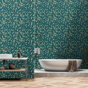Botanical Dark Teal Leaves Vines Brown Beige Wallpaper