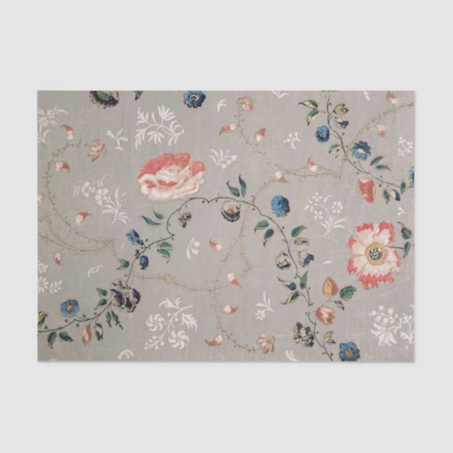 Botanical Decoupage Tissue Paper Gray Pink Flowers (Front)