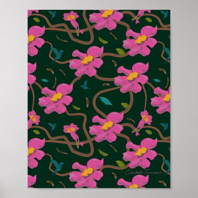 Botanical design paper colibri flowers poster (Front)