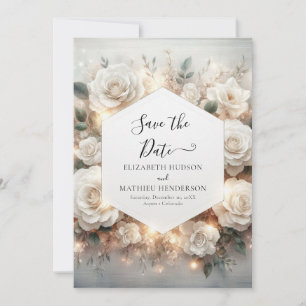 Botanical Digital White Roses Wedding Save The Date