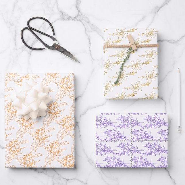 Botanical drawing vanilla lavender orange blossom wrapping paper sheet (Front)