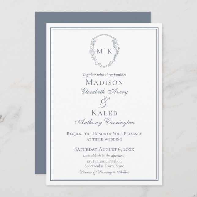 Botanical Drawn Crest Elegant Monogram Dusty Blue Invitation (Front/Back)