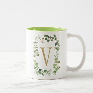 Botanical Dream Green Leaves Monogram Two-Tone Coffee Mug