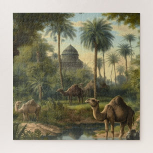 Botanical: dromedaries in the jungle near a river jigsaw puzzle