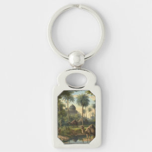 Botanical: dromedaries in the jungle near a river key ring