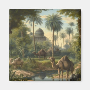 Botanical: dromedaries in the jungle near a river magnet
