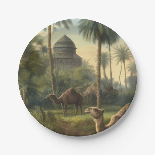 Botanical: dromedaries in the jungle near a river paper plate (Front)
