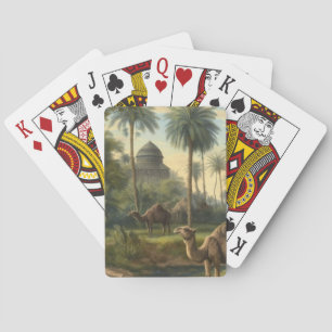 Botanical: dromedaries in the jungle near a river playing cards