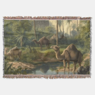 Botanical: dromedaries in the jungle near a river throw blanket