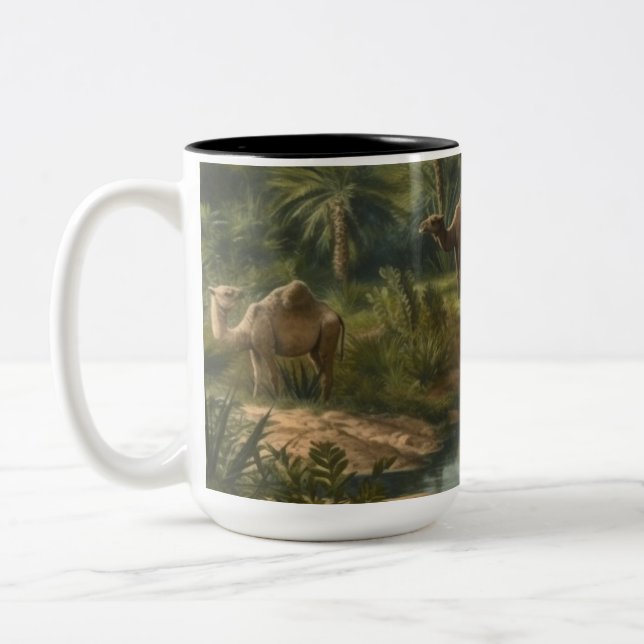 Botanical: dromedaries in the jungle near a river Two-Tone coffee mug (Left)