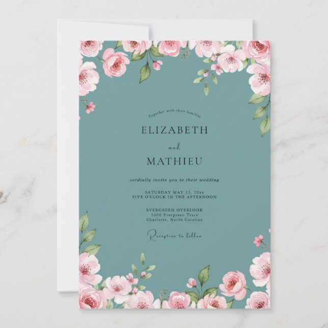 Botanical Dusty Aqua Peony Wedding Invitation (Front)