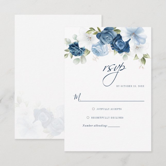 Botanical Dusty Blue Script Floral Greenery RSVP Card (Front/Back)