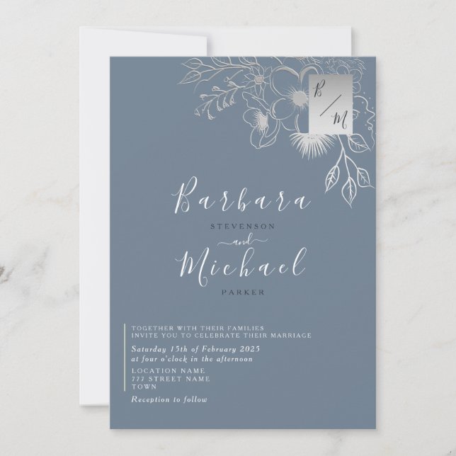 Botanical Dusty Blue Wedding Invitation (Front)