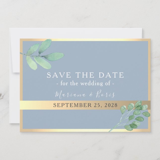 Botanical Dusty Blue Wedding Save The Date (Front)