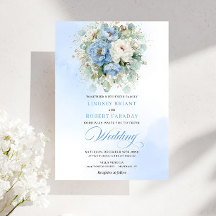 Botanical Dusty Blue White Peony Wedding Invites