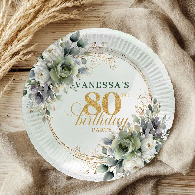 Botanical Dusty Green 80th Birthday Event Plates (Botanical Dusty Green 80th Birthday Event Plates)