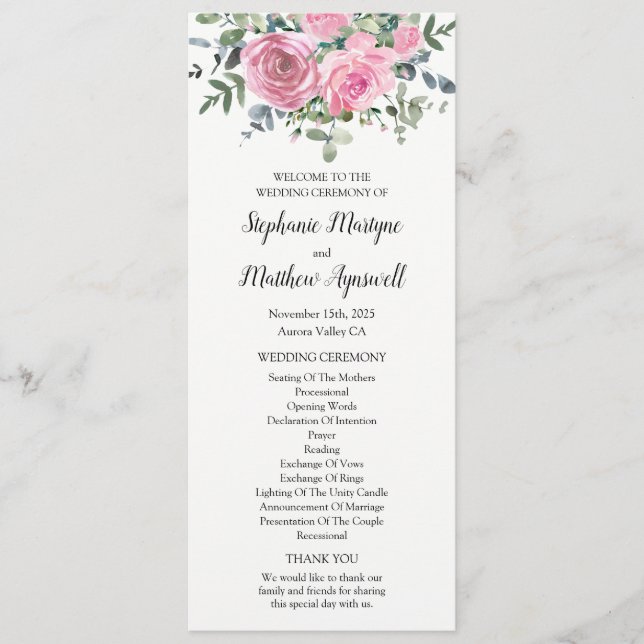 Botanical Dusty Pink Floral Eucalyptus Programme (Front)